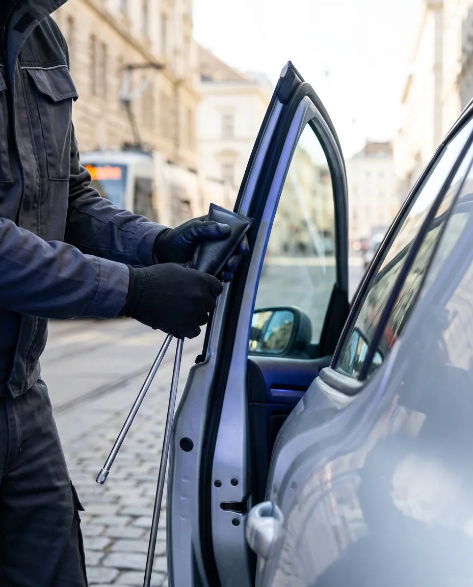 Fahrzeugöffnung Wien — Techniker öffnet eine Autotür mit Luftkeil und Langgreifer ohne Beschädigung